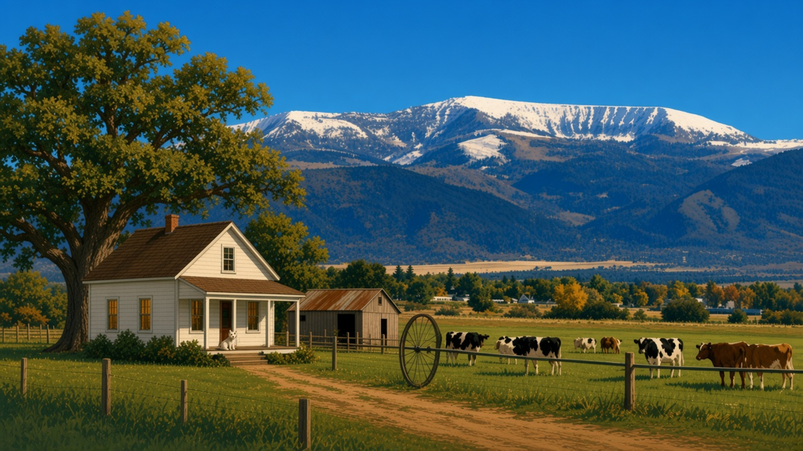 A 1950s–70s Sanpete County painting: white farmhouse under a huge oak, one white terrier on the porch, cow shed, Holsteins in the pasture, Horseshoe Mountain over Spring City, Utah.