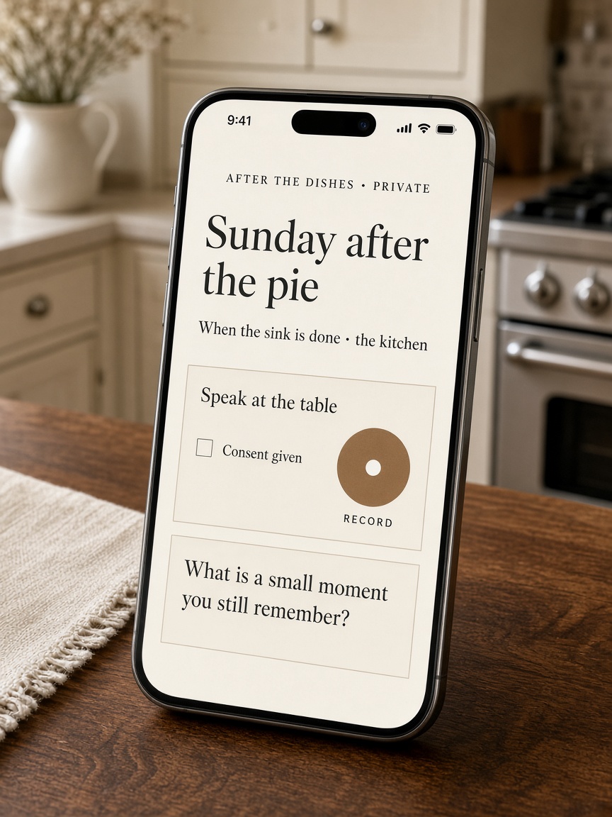A phone on the kitchen table showing the private After the Dishes room: Sunday after the pie, Speak at the table, Record.