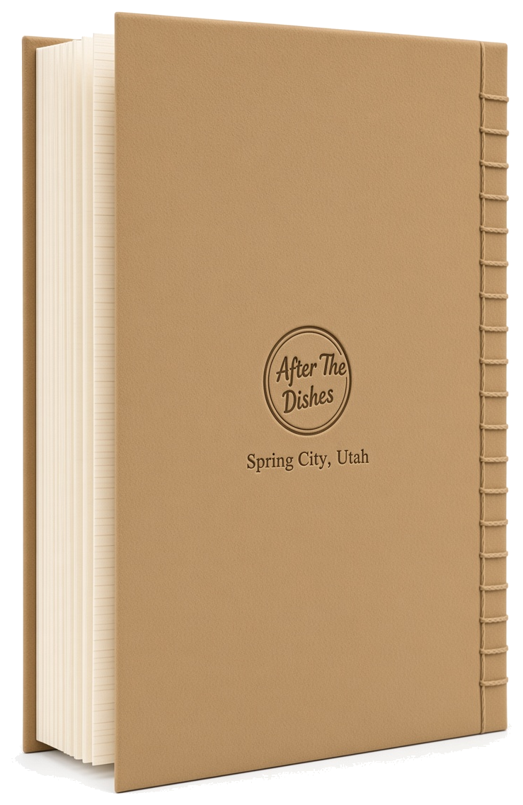 Suede booklet back cover stamped After The Dishes, Spring City, Utah.